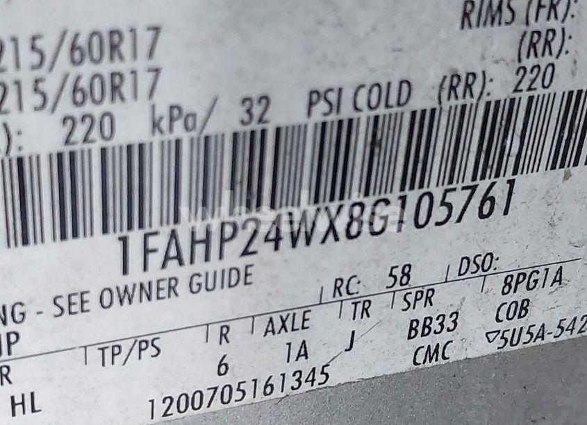 Photo 9 of 2008 Ford Taurus SEL (VIN 1FAHP24WX8G105761)