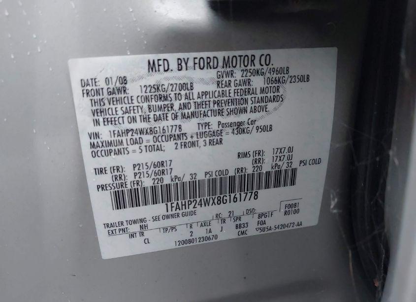 Photo 9 of 2008 Ford Taurus SEL (VIN 1FAHP24WX8G161778)