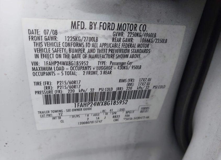 Photo 9 of 2008 Ford Taurus SEL (VIN 1FAHP24WX8G185952)