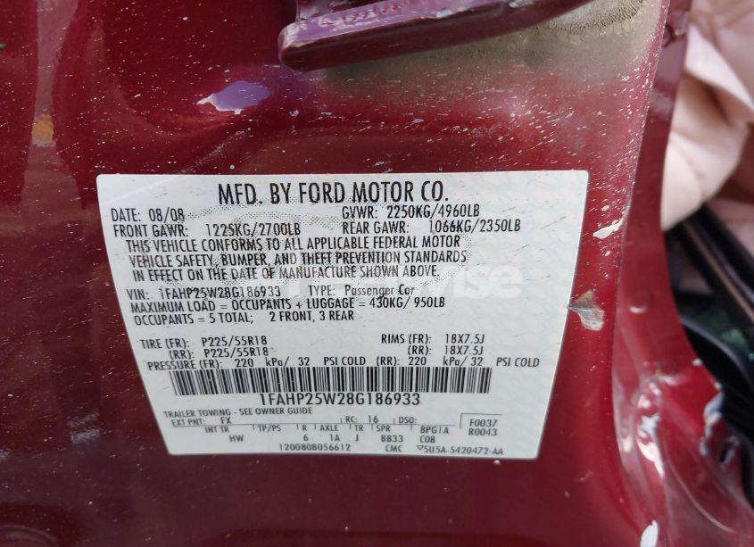 Photo 9 of 2008 Ford Taurus LIMITED (VIN 1FAHP25W28G186933)