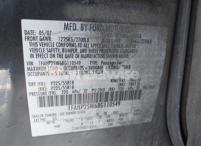 Photo 9 of 2008 Ford Taurus LIMITED (VIN 1FAHP25W68G110549)