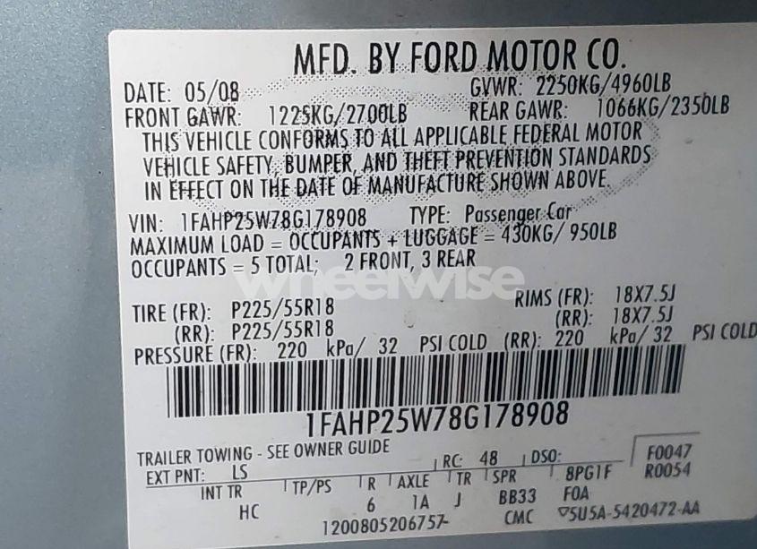 Photo 9 of 2008 Ford Taurus LIMITED (VIN 1FAHP25W78G178908)