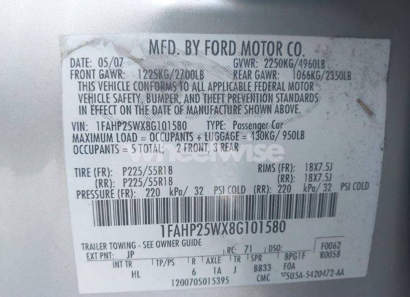 Photo 9 of 2008 Ford Taurus LIMITED (VIN 1FAHP25WX8G101580)