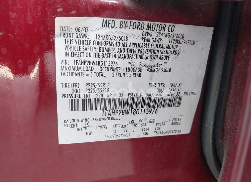 Photo 9 of 2008 Ford Taurus LIMITED (VIN 1FAHP28W18G115976)