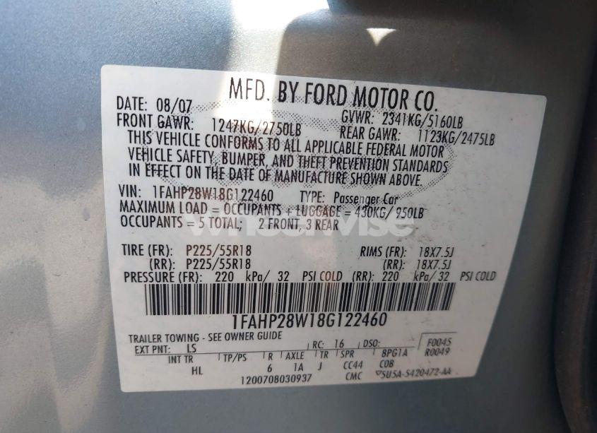 Photo 9 of 2008 Ford Taurus LIMITED (VIN 1FAHP28W18G122460)