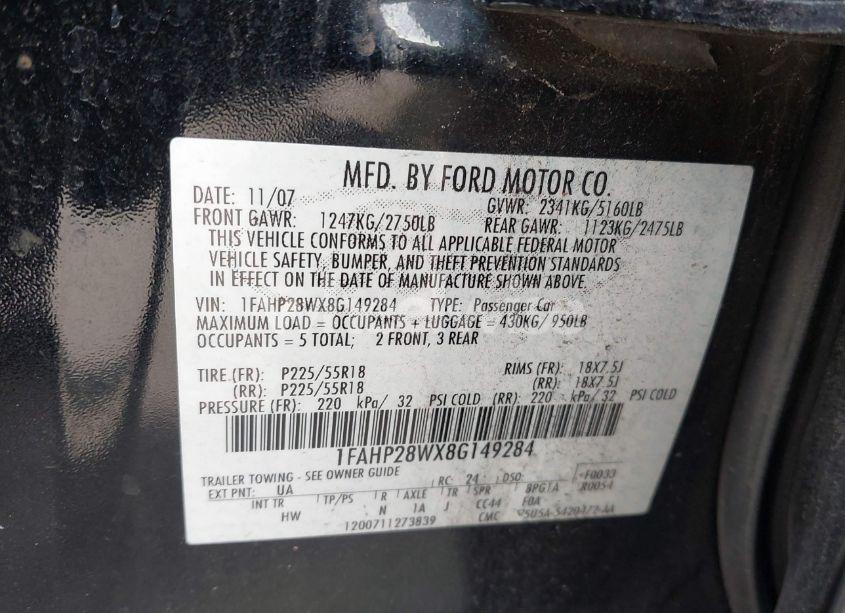 Photo 9 of 2008 Ford Taurus LIMITED (VIN 1FAHP28WX8G149284)