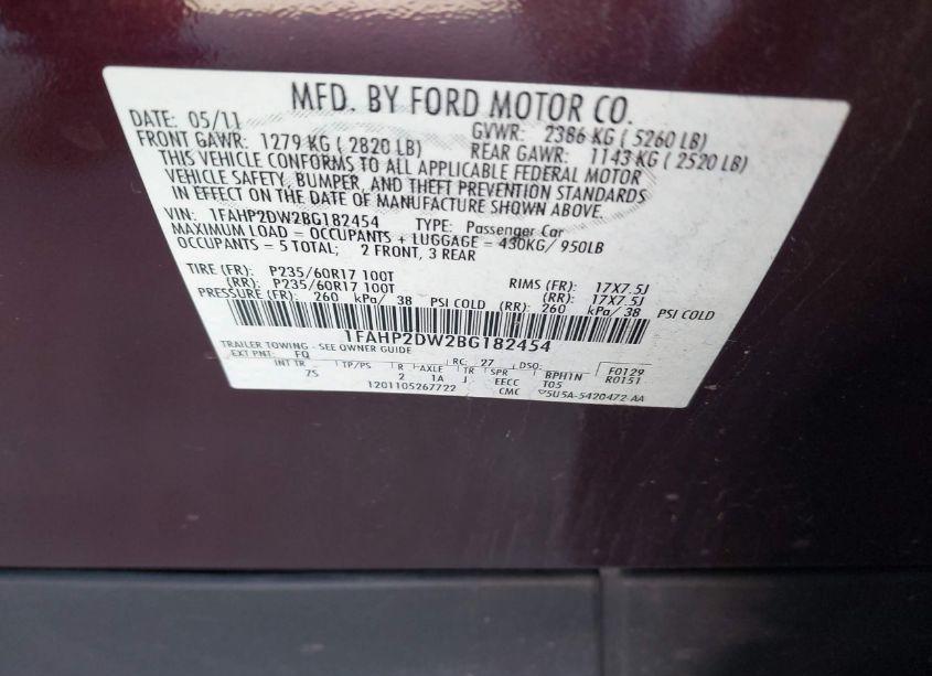 Photo 9 of 2011 Ford Taurus SE (VIN 1FAHP2DW2BG182454)