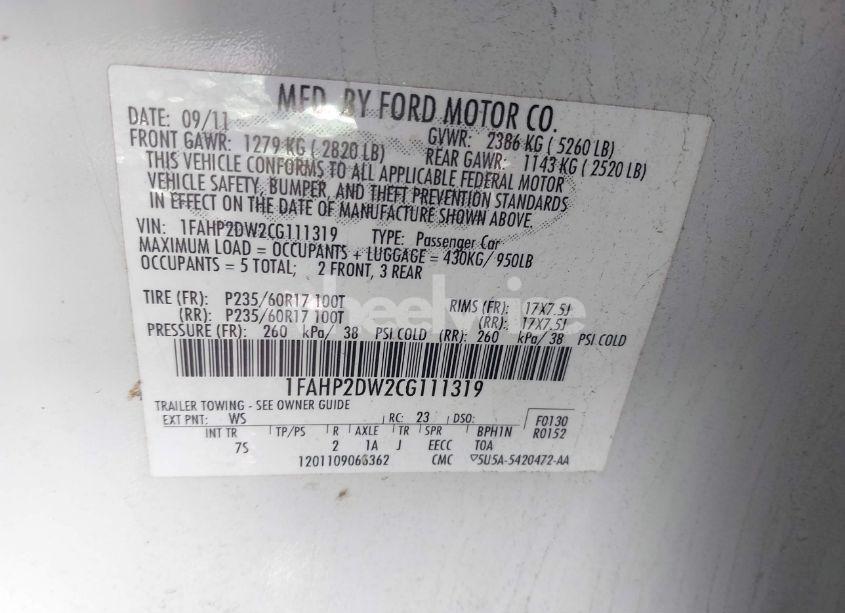 Photo 9 of 2012 Ford Taurus SE (VIN 1FAHP2DW2CG111319)