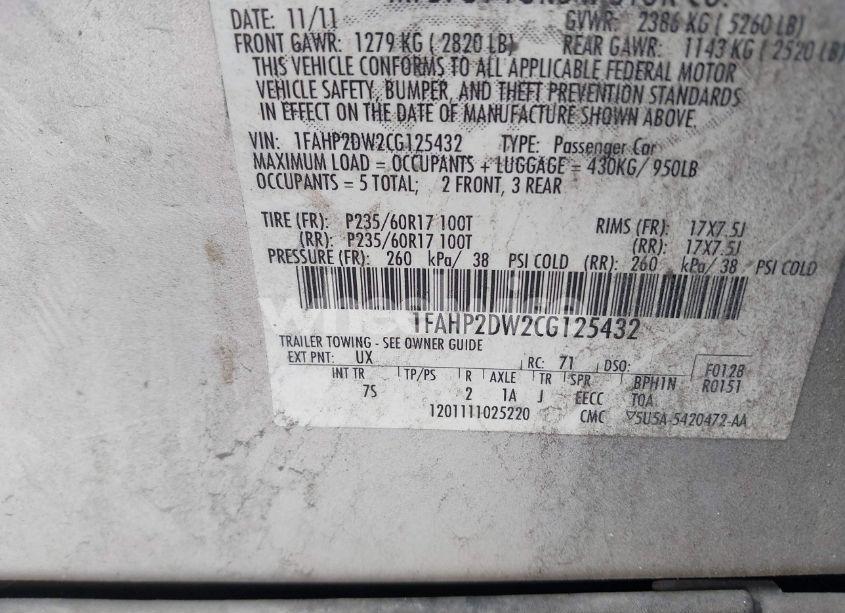 Photo 9 of 2012 Ford Taurus SE (VIN 1FAHP2DW2CG125432)