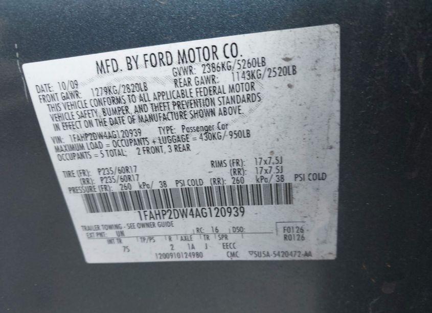 Photo 9 of 2010 Ford Taurus SE (VIN 1FAHP2DW4AG120939)