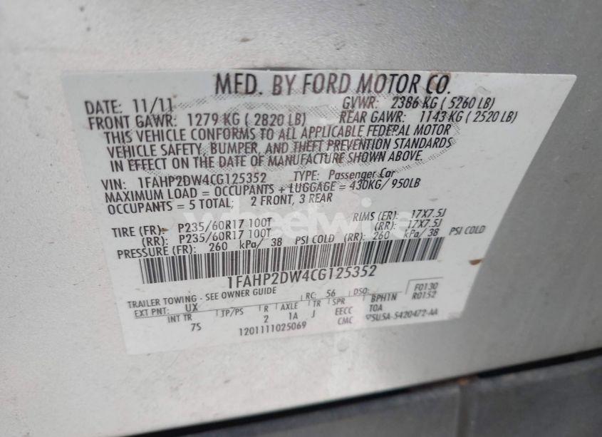 Photo 9 of 2012 Ford Taurus SE (VIN 1FAHP2DW4CG125352)