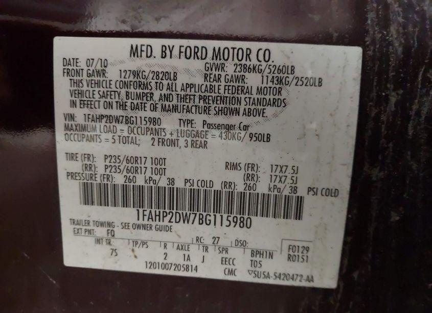 Photo 9 of 2011 Ford Taurus SE (VIN 1FAHP2DW7BG115980)