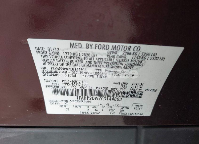 Photo 9 of 2012 Ford Taurus SE (VIN 1FAHP2DW7CG144803)