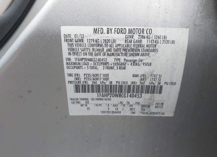 Photo 9 of 2012 Ford Taurus SE (VIN 1FAHP2DW8CG140453)