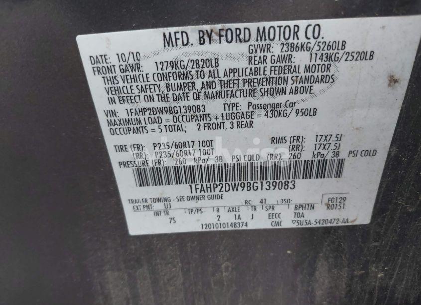 Photo 9 of 2011 Ford Taurus SE (VIN 1FAHP2DW9BG139083)