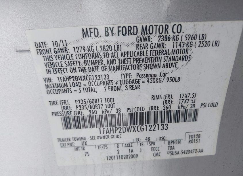 Photo 9 of 2012 Ford Taurus SE (VIN 1FAHP2DWXCG122133)