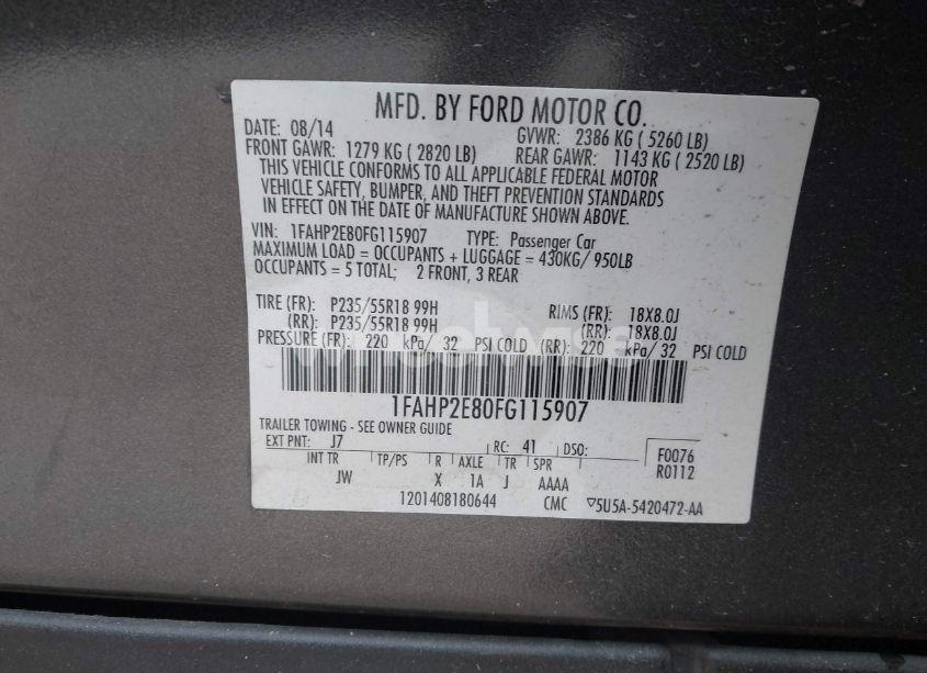 Photo 9 of 2015 Ford Taurus SEL (VIN 1FAHP2E80FG115907)