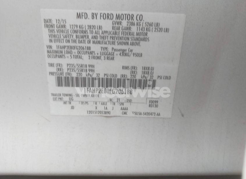 Photo 9 of 2015 Ford Taurus SEL (VIN 1FAHP2E80FG206188)