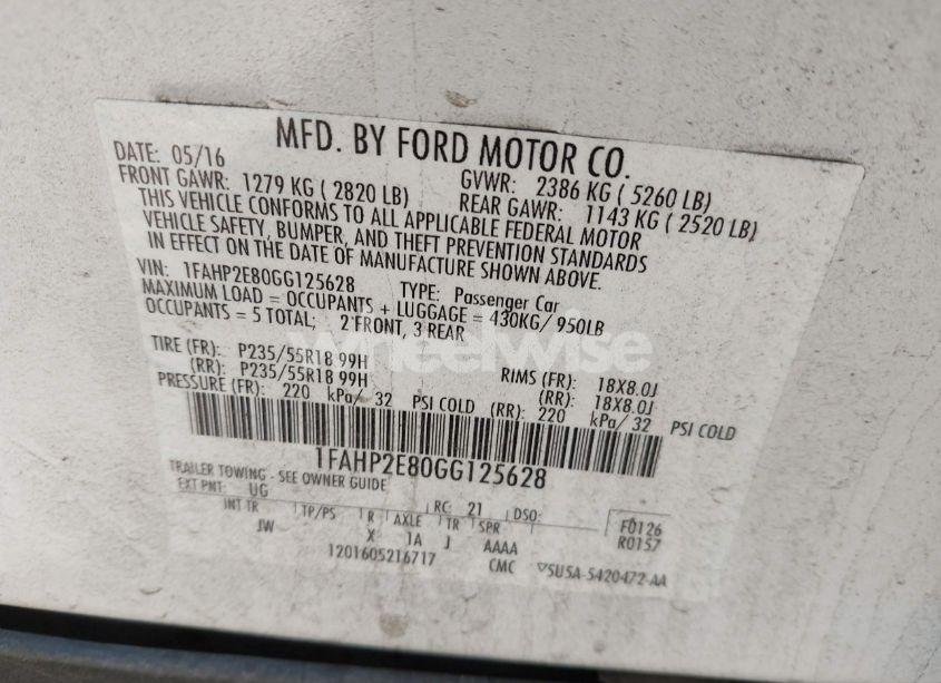 Photo 9 of 2016 Ford Taurus SEL (VIN 1FAHP2E80GG125628)