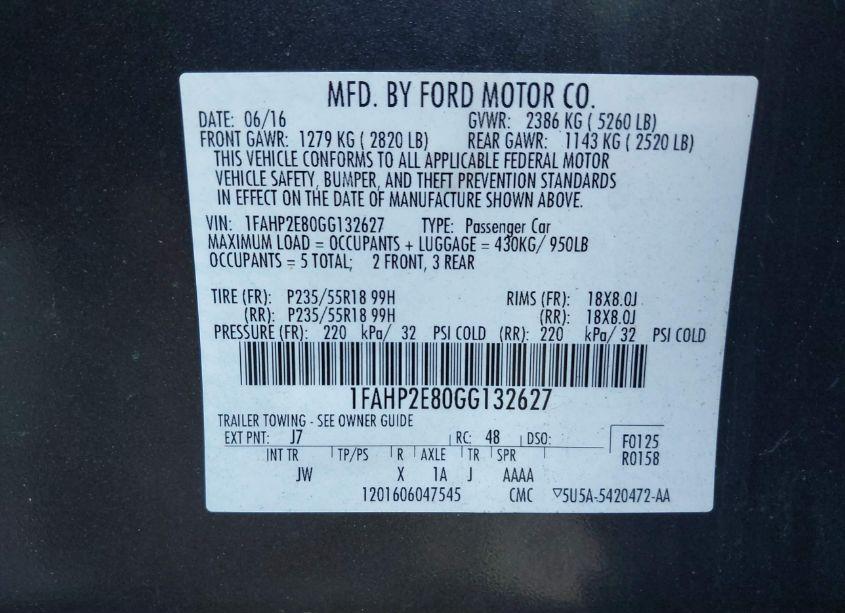 Photo 9 of 2016 Ford Taurus SEL (VIN 1FAHP2E80GG132627)