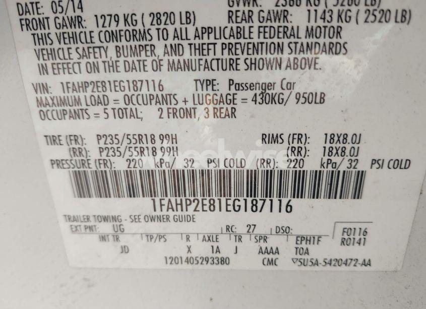 Photo 9 of 2014 Ford Taurus SEL (VIN 1FAHP2E81EG187116)