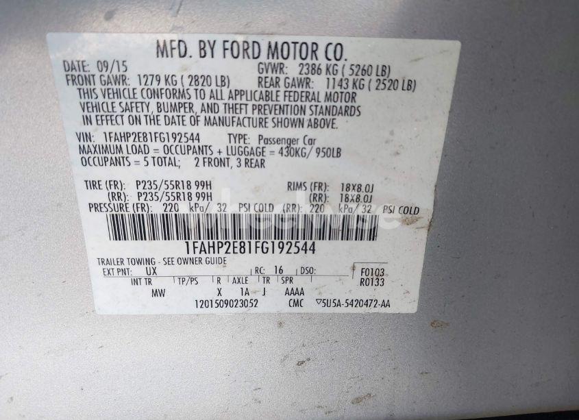 Photo 9 of 2015 Ford Taurus SEL (VIN 1FAHP2E81FG192544)