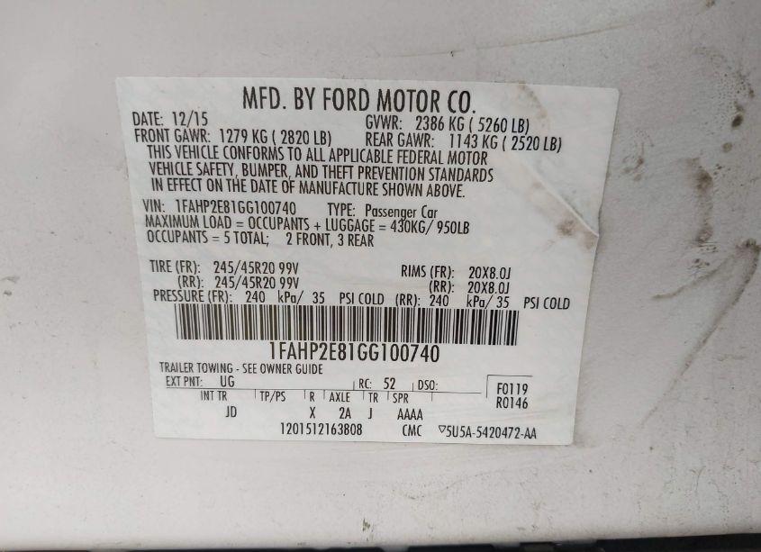 Photo 9 of 2016 Ford Taurus SEL (VIN 1FAHP2E81GG100740)