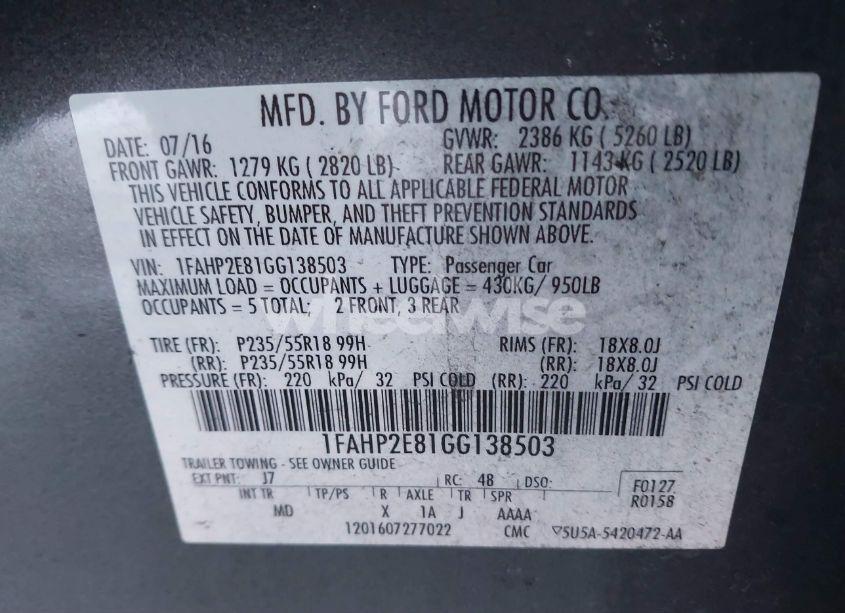 Photo 9 of 2016 Ford Taurus SEL (VIN 1FAHP2E81GG138503)