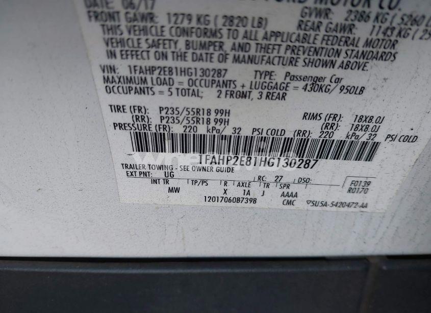 Photo 9 of 2017 Ford Taurus SEL (VIN 1FAHP2E81HG130287)