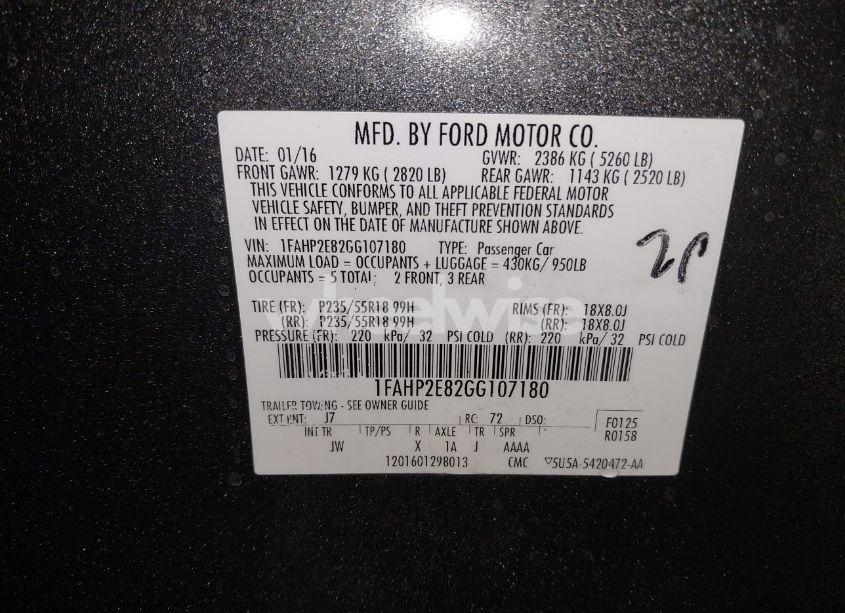 Photo 9 of 2016 Ford Taurus SEL (VIN 1FAHP2E82GG107180)