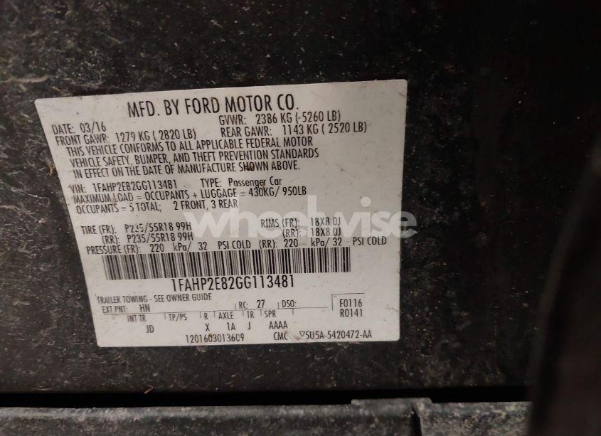 Photo 9 of 2016 Ford Taurus SEL (VIN 1FAHP2E82GG113481)