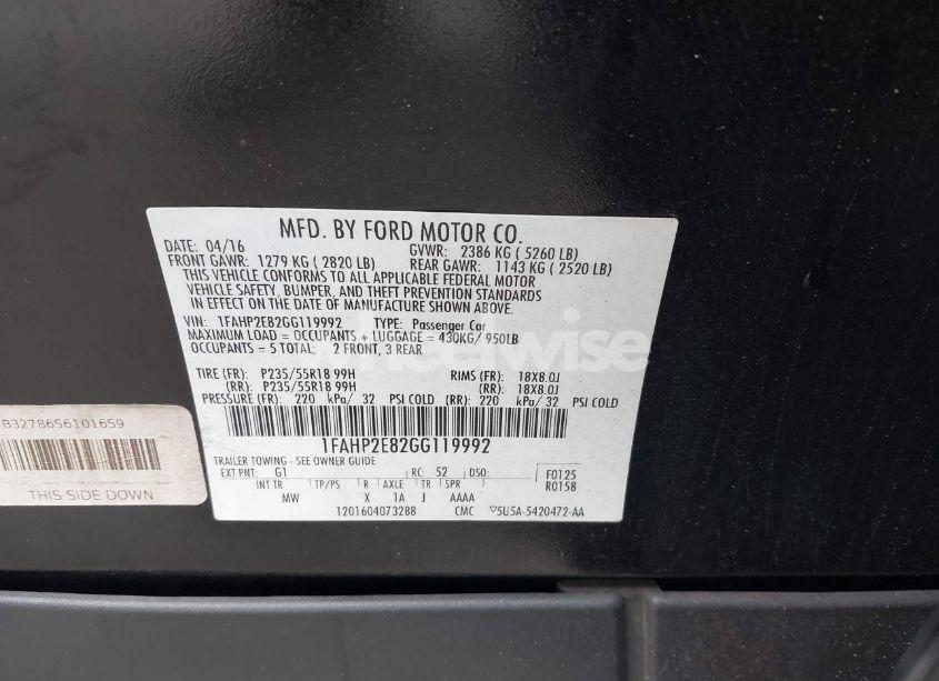 Photo 9 of 2016 Ford Taurus SEL (VIN 1FAHP2E82GG119992)