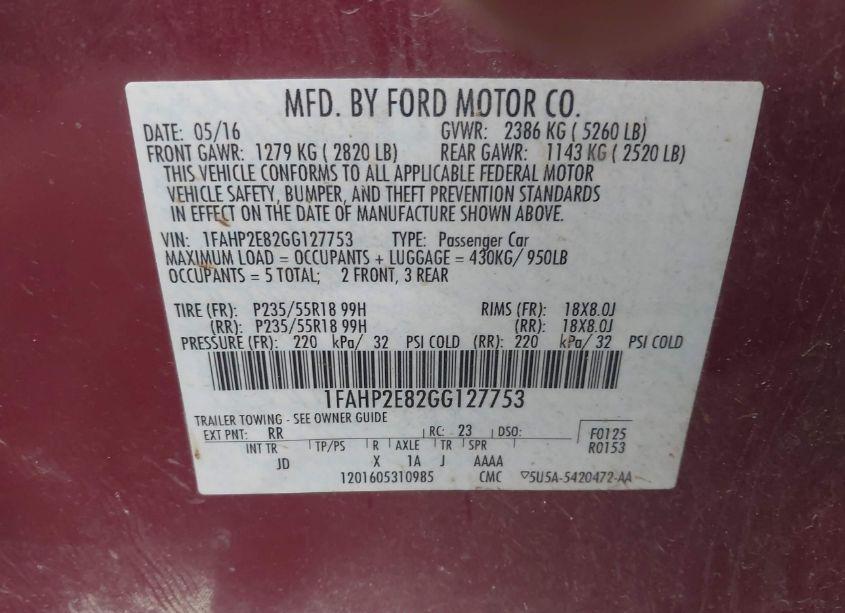 Photo 9 of 2016 Ford Taurus SEL (VIN 1FAHP2E82GG127753)