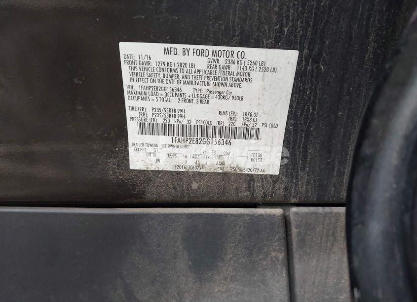 Photo 9 of 2016 Ford Taurus SEL (VIN 1FAHP2E82GG156346)