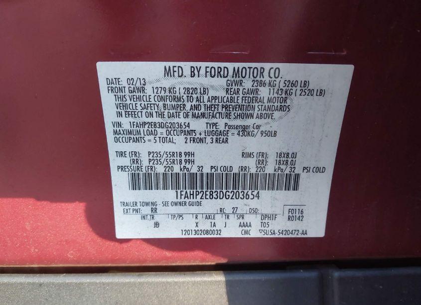 Photo 9 of 2013 Ford Taurus SEL (VIN 1FAHP2E83DG203654)