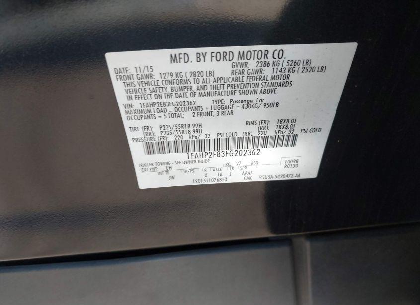 Photo 9 of 2015 Ford Taurus SEL (VIN 1FAHP2E83FG202362)