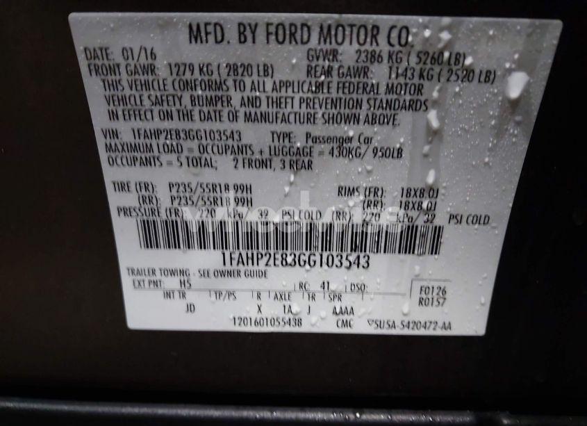 Photo 9 of 2016 Ford Taurus SEL (VIN 1FAHP2E83GG103543)