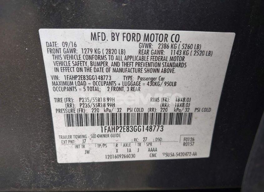 Photo 9 of 2016 Ford Taurus SEL (VIN 1FAHP2E83GG148773)
