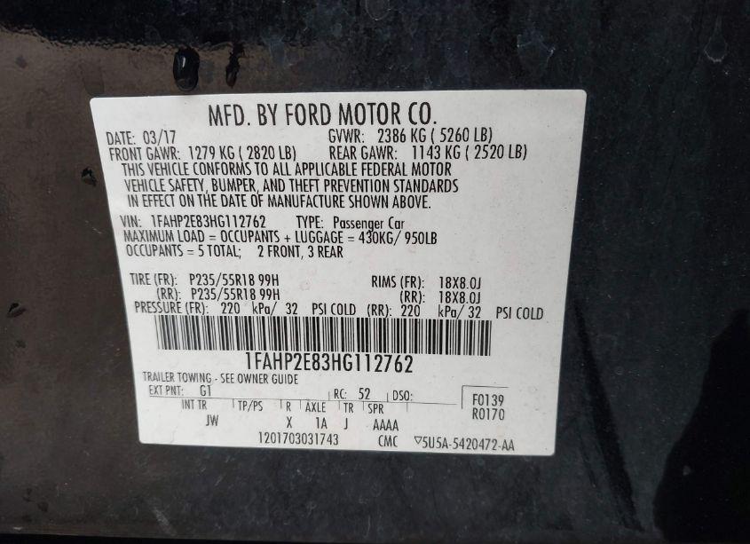 Photo 9 of 2017 Ford Taurus SEL (VIN 1FAHP2E83HG112762)