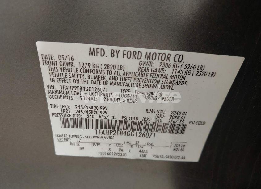Photo 9 of 2016 Ford Taurus SEL (VIN 1FAHP2E84GG126071)
