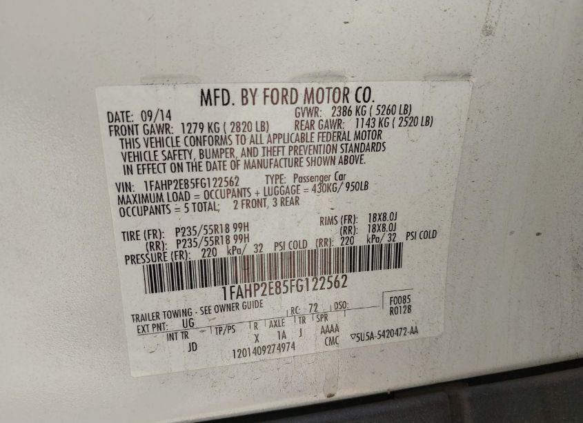 Photo 9 of 2015 Ford Taurus SEL (VIN 1FAHP2E85FG122562)