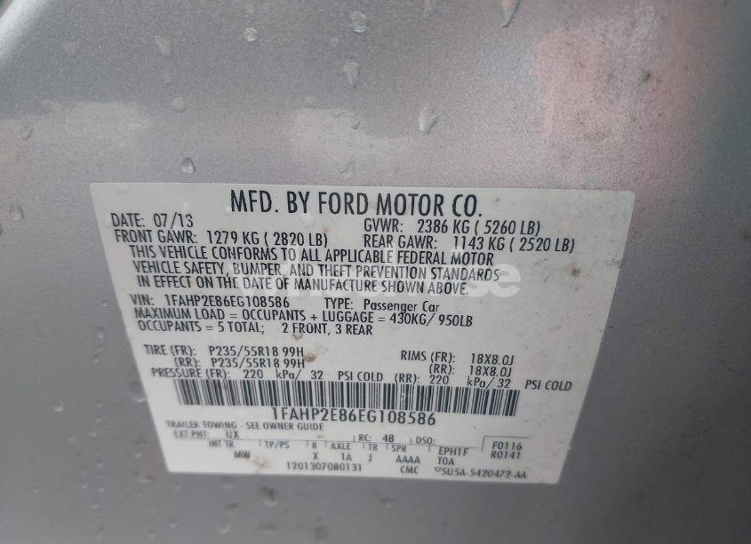 Photo 9 of 2014 Ford Taurus SEL (VIN 1FAHP2E86EG108586)