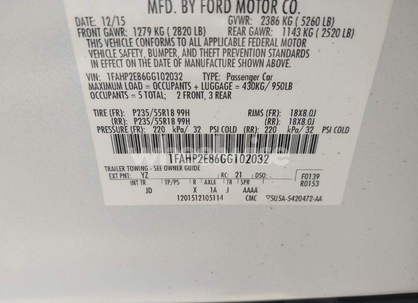 Photo 9 of 2016 Ford Taurus SEL (VIN 1FAHP2E86GG102032)