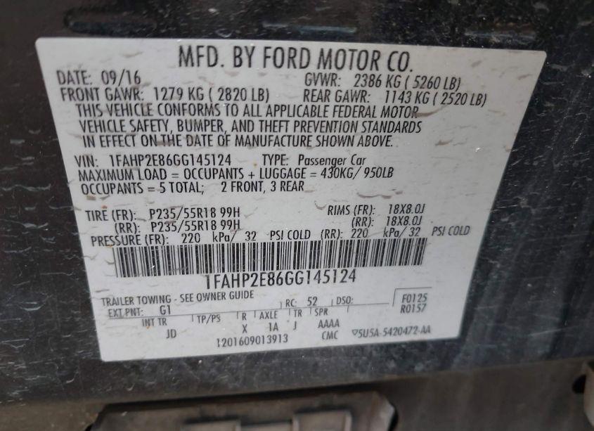 Photo 9 of 2016 Ford Taurus SEL (VIN 1FAHP2E86GG145124)