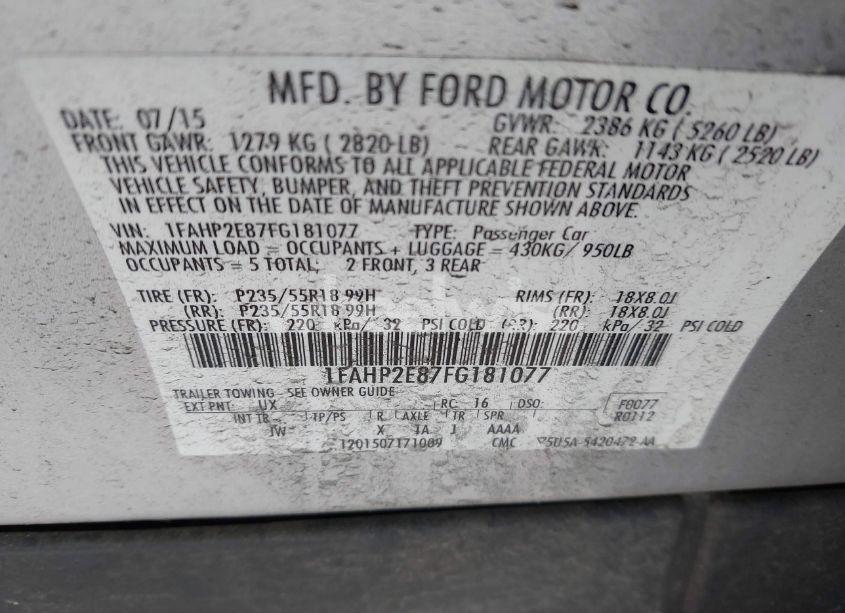 Photo 9 of 2015 Ford Taurus SEL (VIN 1FAHP2E87FG181077)