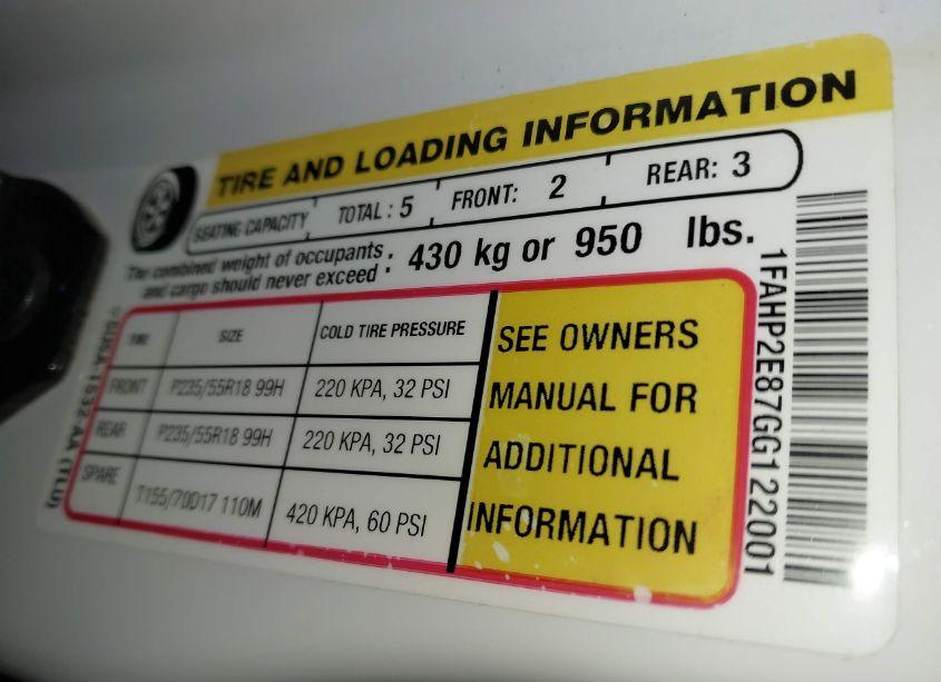 Photo 9 of 2016 Ford Taurus SEL (VIN 1FAHP2E87GG122001)