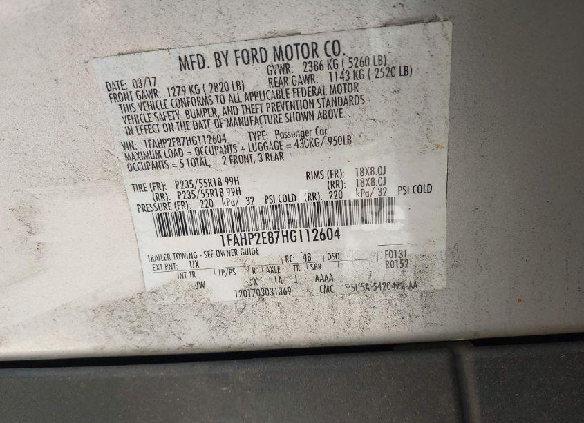 Photo 9 of 2017 Ford Taurus SEL (VIN 1FAHP2E87HG112604)