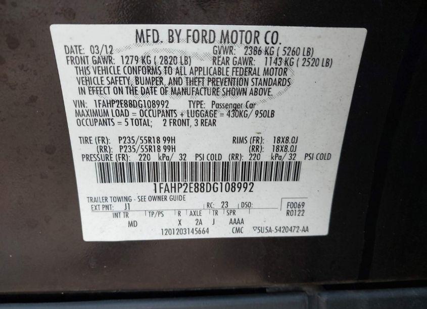 Photo 9 of 2013 Ford Taurus SEL (VIN 1FAHP2E88DG108992)