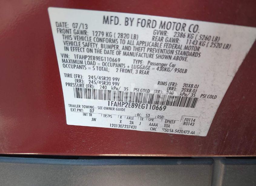Photo 9 of 2014 Ford Taurus SEL (VIN 1FAHP2E89EG110669)