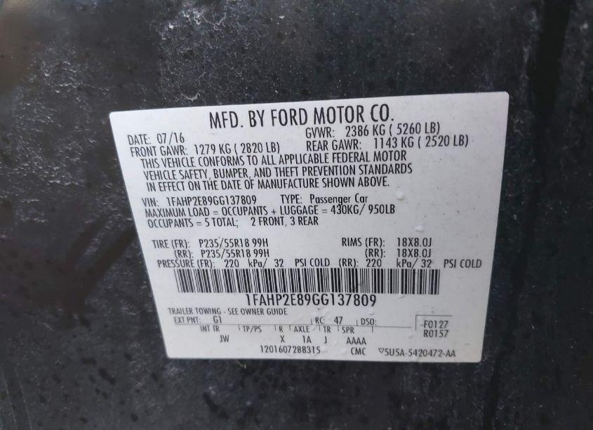 Photo 9 of 2016 Ford Taurus SEL (VIN 1FAHP2E89GG137809)